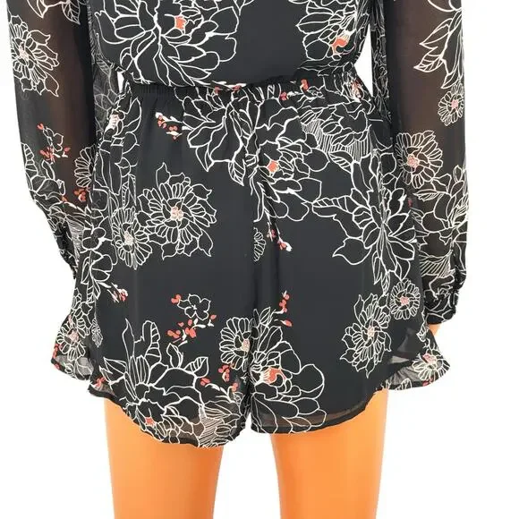 ASTR Black Floral Romper Size Medium Chiffon Boho Dark Romantic Festival Casual - Picture 10 of 16